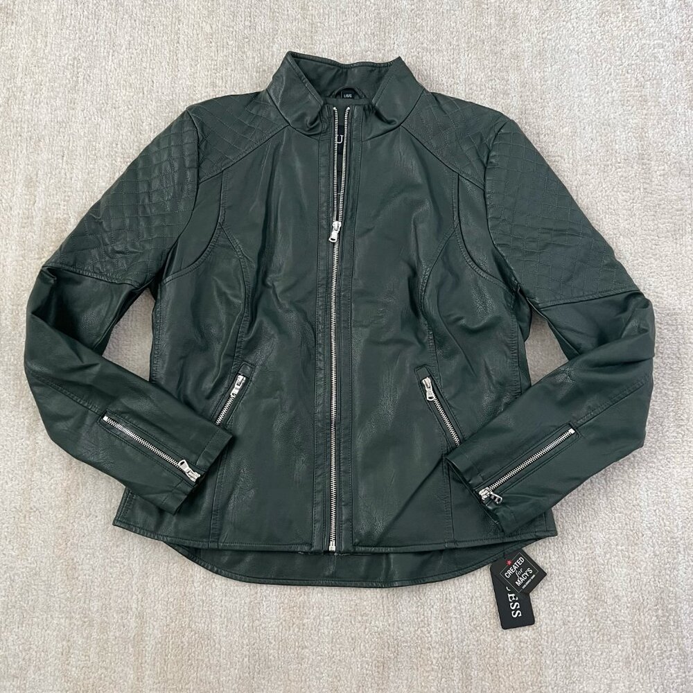 NWT Guess Green Faux Leather Moto Zip Up Jacket L